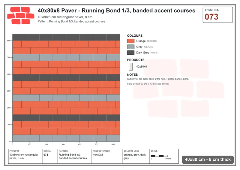 Interlock (Pasco) 40x80 cm · RC48-73 · Running Bond 1/3, banded accent courses · Laying plan Interlock (Pasco) 40x80 cm · RC48-73 · Running Bond 1/3, banded accent courses · Laying plan
