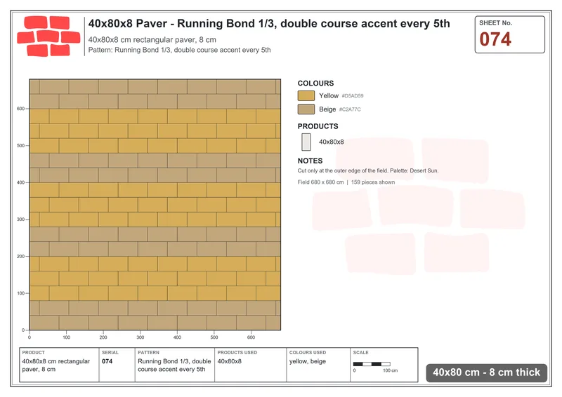 Interlock (Pasco) 40x80 cm · RC48-74 · Running Bond 1/3, double course accent every 5th · Laying plan Interlock (Pasco) 40x80 cm · RC48-74 · Running Bond 1/3, double course accent every 5th · Laying plan