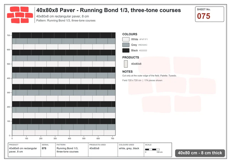 Interlock (Pasco) 40x80 cm · RC48-75 · Running Bond 1/3, three-tone courses · Laying plan Interlock (Pasco) 40x80 cm · RC48-75 · Running Bond 1/3, three-tone courses · Laying plan