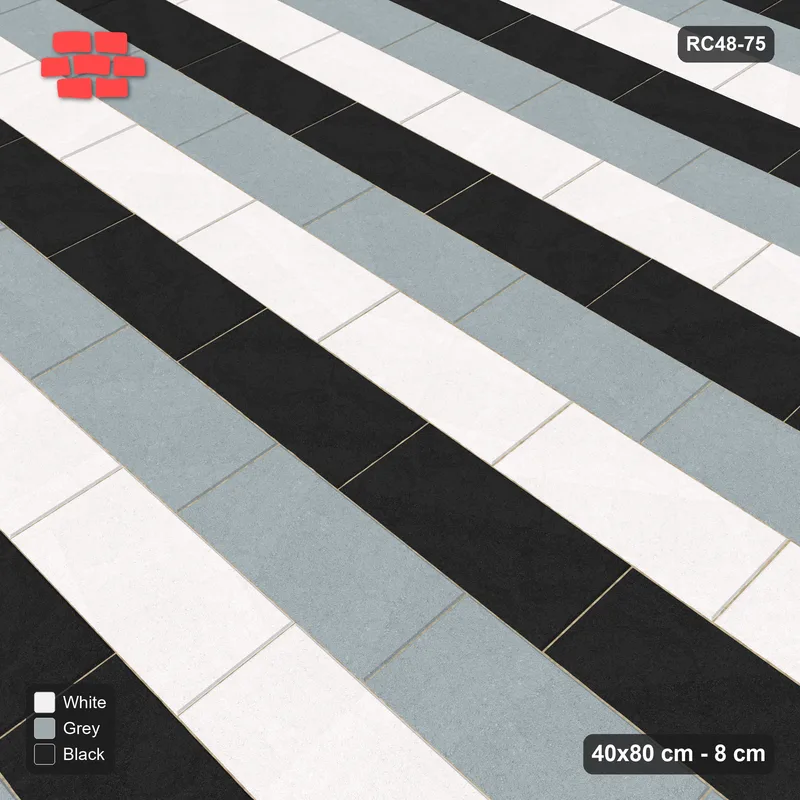 Interlock (Pasco) 40x80 cm · RC48-75 · Running Bond 1/3, three-tone courses · Side view Interlock (Pasco) 40x80 cm · RC48-75 · Running Bond 1/3, three-tone courses · Side view