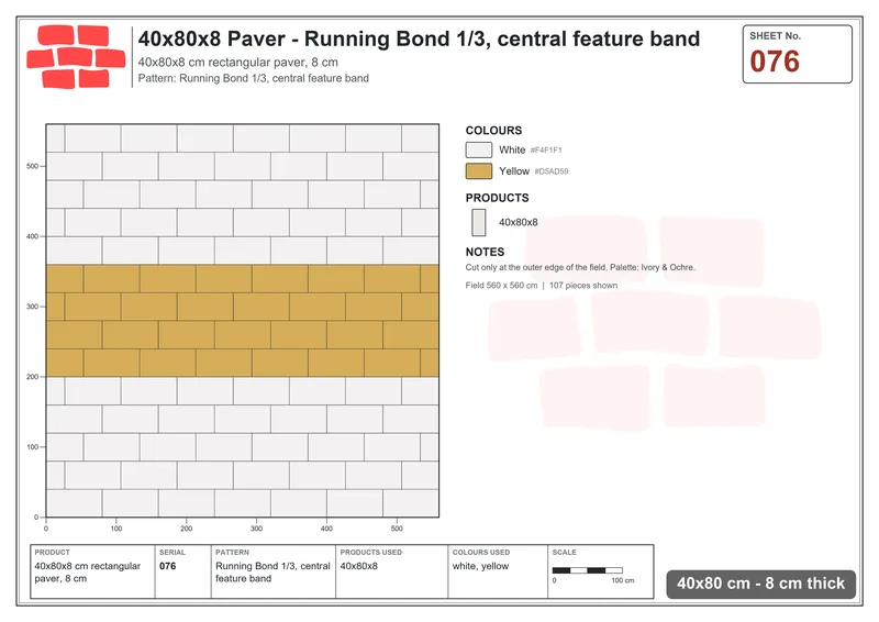 Interlock (Pasco) 40x80 cm · RC48-76 · Running Bond 1/3, central feature band · Laying plan Interlock (Pasco) 40x80 cm · RC48-76 · Running Bond 1/3, central feature band · Laying plan