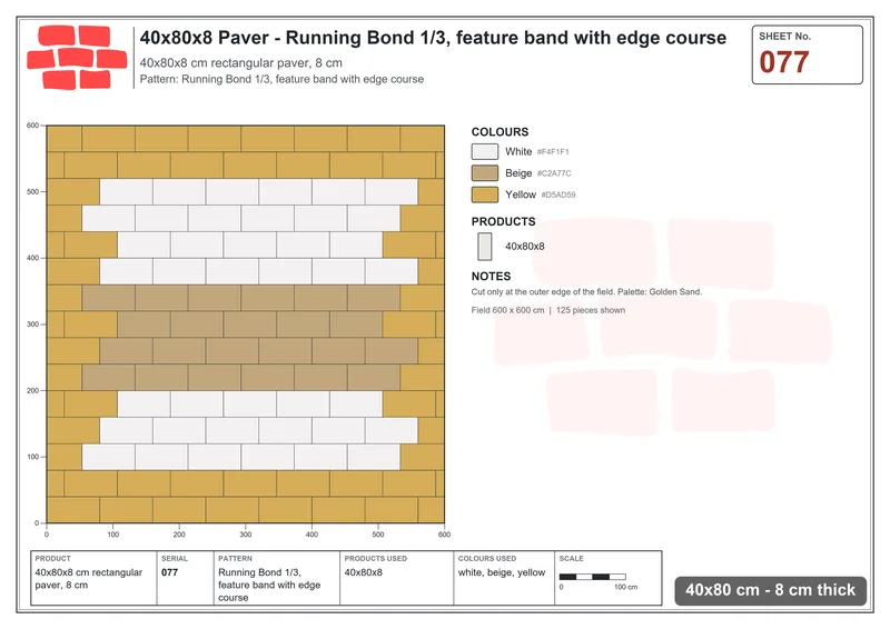 Interlock (Pasco) 40x80 cm · RC48-77 · Running Bond 1/3, feature band with edge course · Laying plan Interlock (Pasco) 40x80 cm · RC48-77 · Running Bond 1/3, feature band with edge course · Laying plan