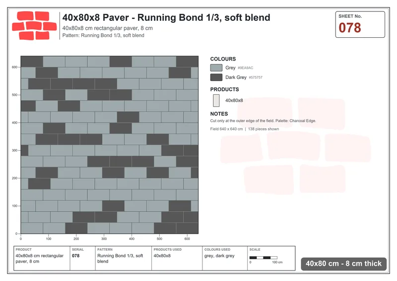 Interlock (Pasco) 40x80 cm · RC48-78 · Running Bond 1/3, soft blend · Laying plan Interlock (Pasco) 40x80 cm · RC48-78 · Running Bond 1/3, soft blend · Laying plan