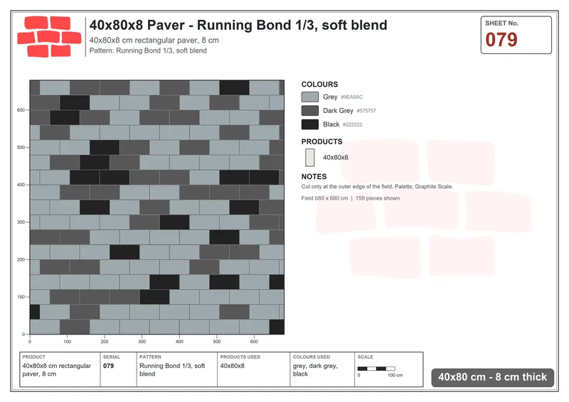 Interlock (Pasco) 40x80 cm · RC48-79 · Running Bond 1/3, soft blend · Laying plan Interlock (Pasco) 40x80 cm · RC48-79 · Running Bond 1/3, soft blend · Laying plan