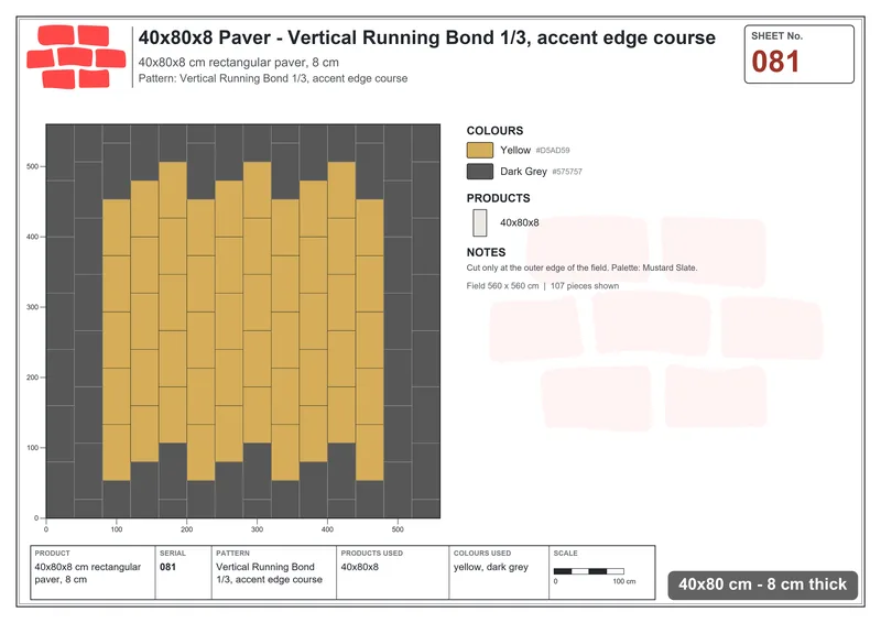 Interlock (Pasco) 40x80 cm · RC48-81 · Vertical Running Bond 1/3, accent edge course · Laying plan Interlock (Pasco) 40x80 cm · RC48-81 · Vertical Running Bond 1/3, accent edge course · Laying plan