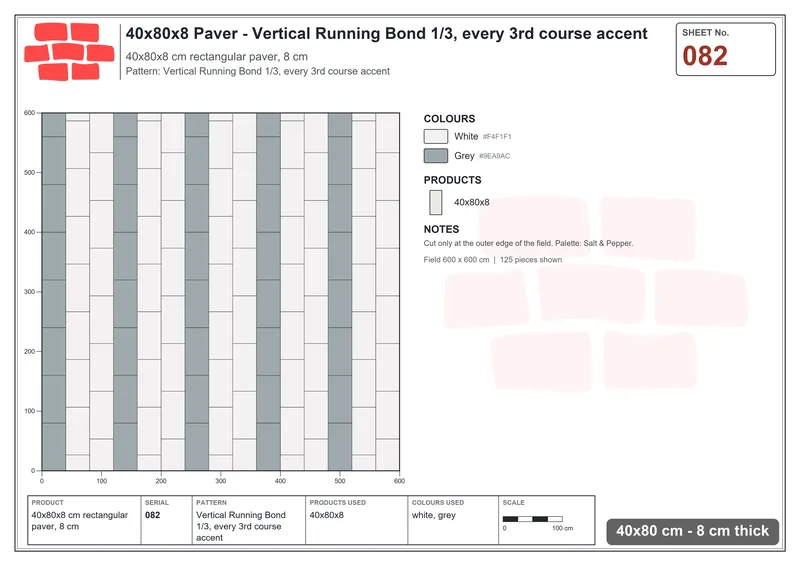 Interlock (Pasco) 40x80 cm · RC48-82 · Vertical Running Bond 1/3, every 3rd course accent · Laying plan Interlock (Pasco) 40x80 cm · RC48-82 · Vertical Running Bond 1/3, every 3rd course accent · Laying plan