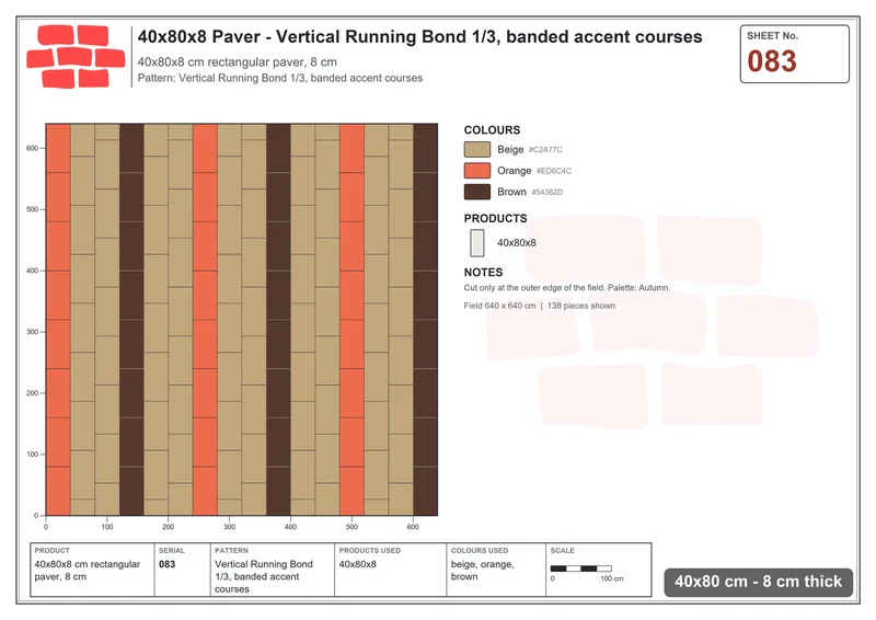 Interlock (Pasco) 40x80 cm · RC48-83 · Vertical Running Bond 1/3, banded accent courses · Laying plan Interlock (Pasco) 40x80 cm · RC48-83 · Vertical Running Bond 1/3, banded accent courses · Laying plan