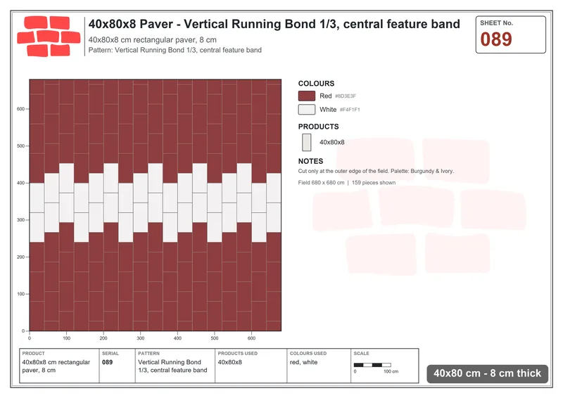 Interlock (Pasco) 40x80 cm · RC48-89 · Vertical Running Bond 1/3, central feature band · Laying plan Interlock (Pasco) 40x80 cm · RC48-89 · Vertical Running Bond 1/3, central feature band · Laying plan