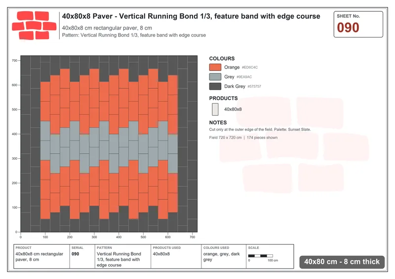 Interlock (Pasco) 40x80 cm · RC48-90 · Vertical Running Bond 1/3, feature band with edge course · Laying plan Interlock (Pasco) 40x80 cm · RC48-90 · Vertical Running Bond 1/3, feature band with edge course · Laying plan