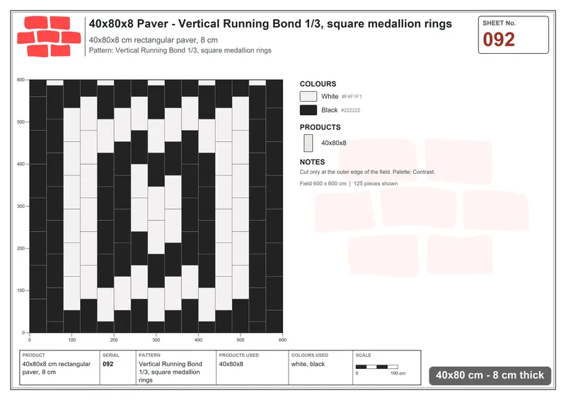 Interlock (Pasco) 40x80 cm · RC48-92 · Vertical Running Bond 1/3, square medallion rings · Laying plan Interlock (Pasco) 40x80 cm · RC48-92 · Vertical Running Bond 1/3, square medallion rings · Laying plan