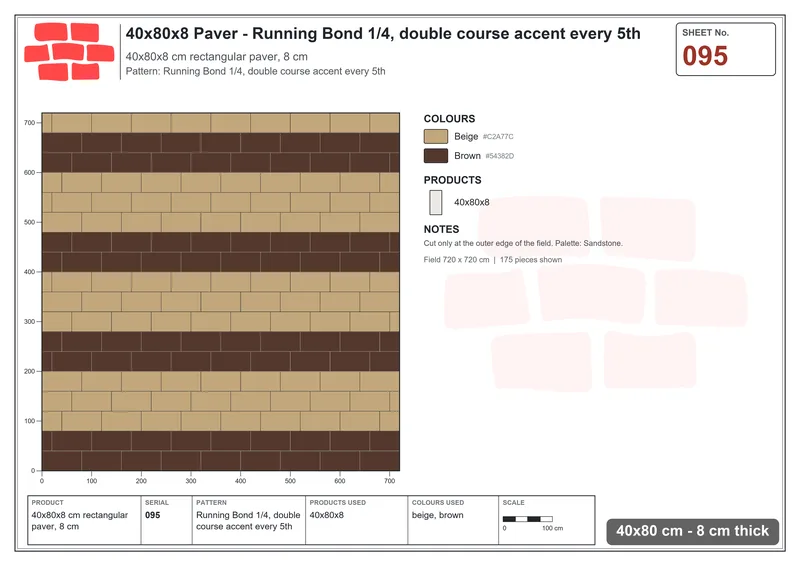 Interlock (Pasco) 40x80 cm · RC48-95 · Running Bond 1/4, double course accent every 5th · Laying plan Interlock (Pasco) 40x80 cm · RC48-95 · Running Bond 1/4, double course accent every 5th · Laying plan