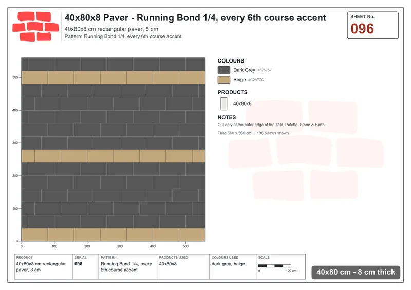 Interlock (Pasco) 40x80 cm · RC48-96 · Running Bond 1/4, every 6th course accent · Laying plan Interlock (Pasco) 40x80 cm · RC48-96 · Running Bond 1/4, every 6th course accent · Laying plan