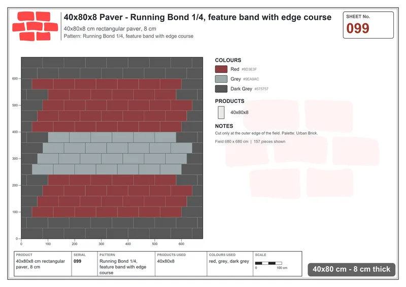 Interlock (Pasco) 40x80 cm · RC48-99 · Running Bond 1/4, feature band with edge course · Laying plan Interlock (Pasco) 40x80 cm · RC48-99 · Running Bond 1/4, feature band with edge course · Laying plan