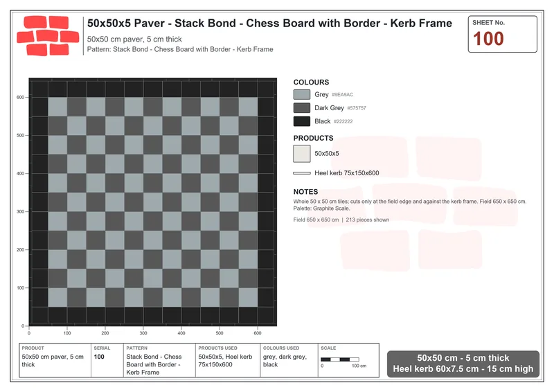 Interlock (Pasco) 50x50 cm · SQ55-100 · Stack Bond - Chess Board with Border - Kerb Frame · Laying plan Interlock (Pasco) 50x50 cm · SQ55-100 · Stack Bond - Chess Board with Border - Kerb Frame · Laying plan