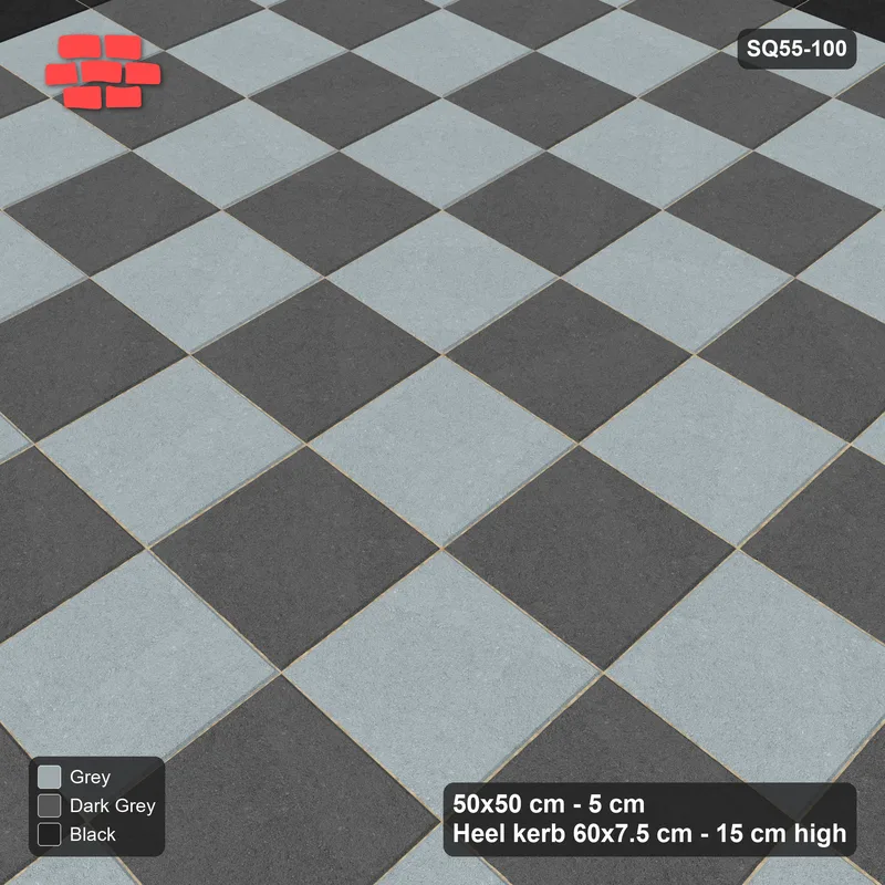 Interlock (Pasco) 50x50 cm · SQ55-100 · Stack Bond - Chess Board with Border - Kerb Frame · Side view Interlock (Pasco) 50x50 cm · SQ55-100 · Stack Bond - Chess Board with Border - Kerb Frame · Side view