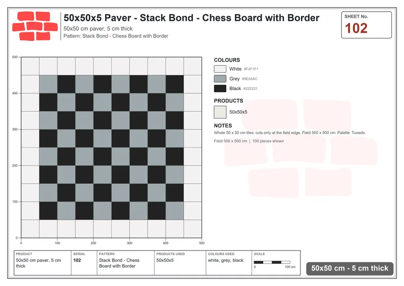Interlock (Pasco) 50x50 cm · SQ55-102 · Stack Bond - Chess Board with Border · Laying plan Interlock (Pasco) 50x50 cm · SQ55-102 · Stack Bond - Chess Board with Border · Laying plan
