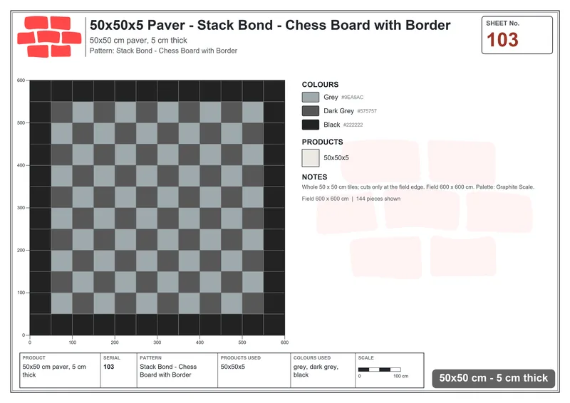 Interlock (Pasco) 50x50 cm · SQ55-103 · Stack Bond - Chess Board with Border · Laying plan Interlock (Pasco) 50x50 cm · SQ55-103 · Stack Bond - Chess Board with Border · Laying plan