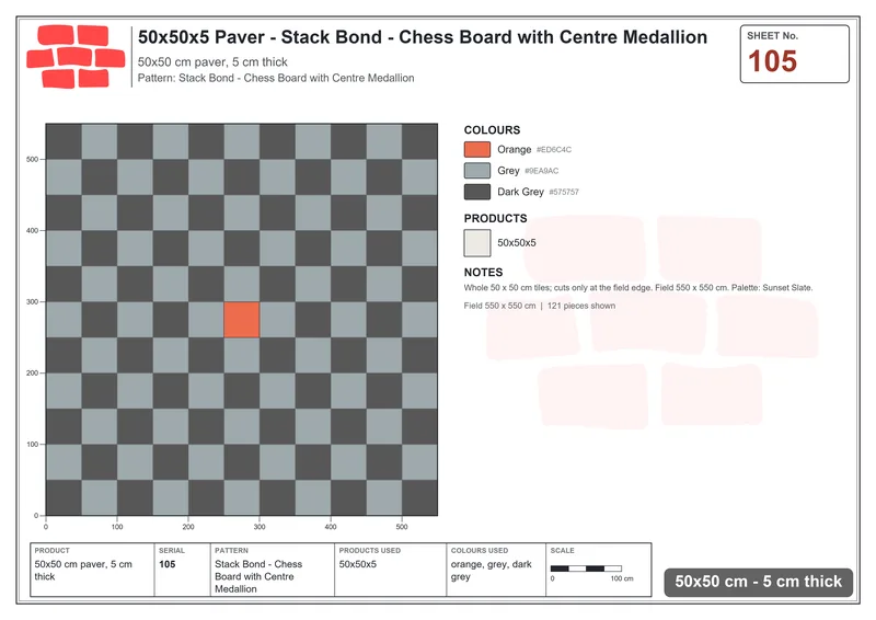 Interlock (Pasco) 50x50 cm · SQ55-105 · Stack Bond - Chess Board with Centre Medallion · Laying plan Interlock (Pasco) 50x50 cm · SQ55-105 · Stack Bond - Chess Board with Centre Medallion · Laying plan