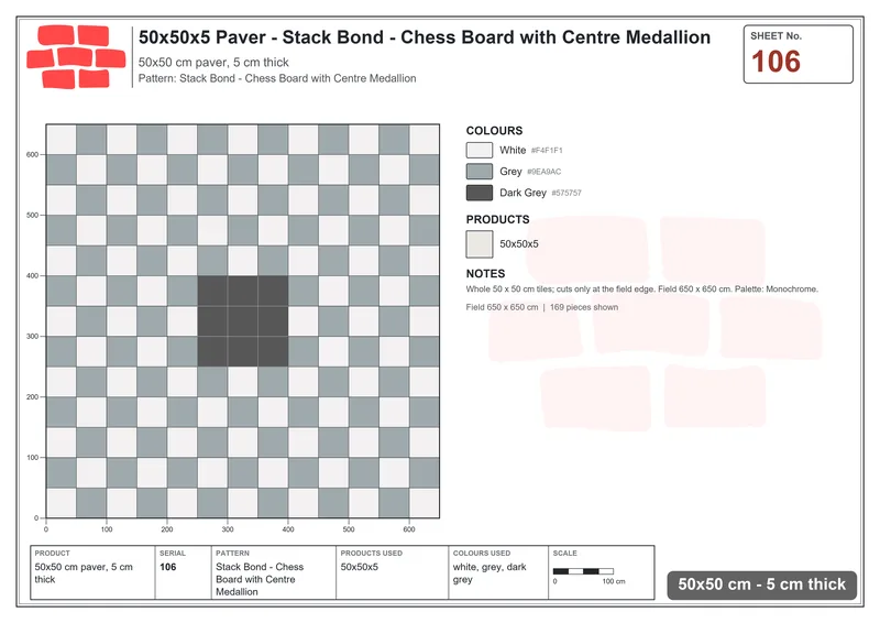 Interlock (Pasco) 50x50 cm · SQ55-106 · Stack Bond - Chess Board with Centre Medallion · Laying plan Interlock (Pasco) 50x50 cm · SQ55-106 · Stack Bond - Chess Board with Centre Medallion · Laying plan
