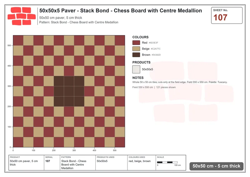 Interlock (Pasco) 50x50 cm · SQ55-107 · Stack Bond - Chess Board with Centre Medallion · Laying plan Interlock (Pasco) 50x50 cm · SQ55-107 · Stack Bond - Chess Board with Centre Medallion · Laying plan