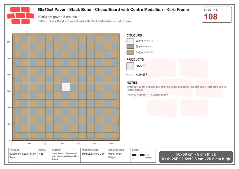 Interlock (Pasco) 50x50 cm · SQ55-108 · Stack Bond - Chess Board with Centre Medallion - Kerb Frame · Laying plan Interlock (Pasco) 50x50 cm · SQ55-108 · Stack Bond - Chess Board with Centre Medallion - Kerb Frame · Laying plan