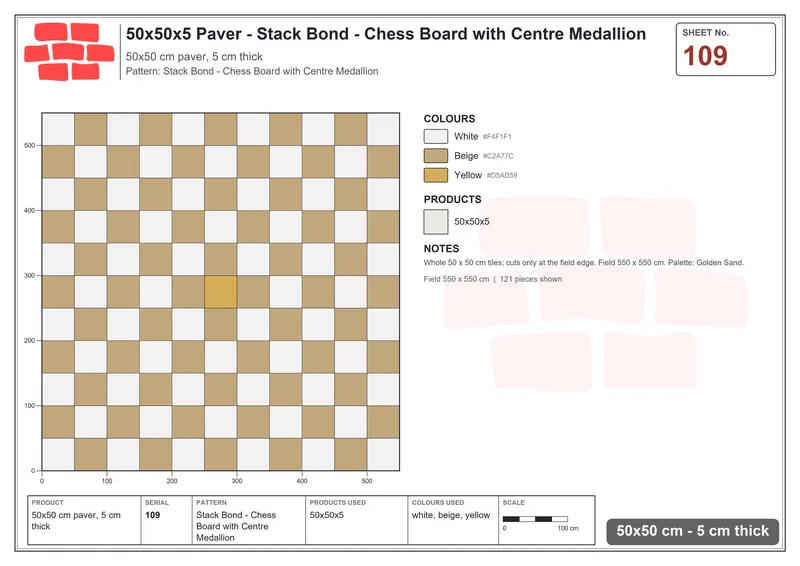 Interlock (Pasco) 50x50 cm · SQ55-109 · Stack Bond - Chess Board with Centre Medallion · Laying plan Interlock (Pasco) 50x50 cm · SQ55-109 · Stack Bond - Chess Board with Centre Medallion · Laying plan