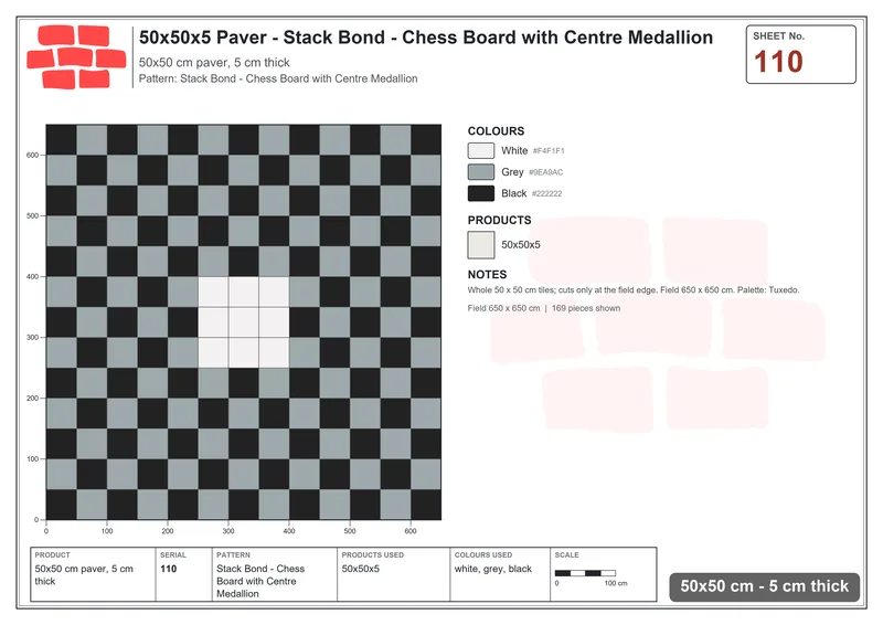 Interlock (Pasco) 50x50 cm · SQ55-110 · Stack Bond - Chess Board with Centre Medallion · Laying plan Interlock (Pasco) 50x50 cm · SQ55-110 · Stack Bond - Chess Board with Centre Medallion · Laying plan