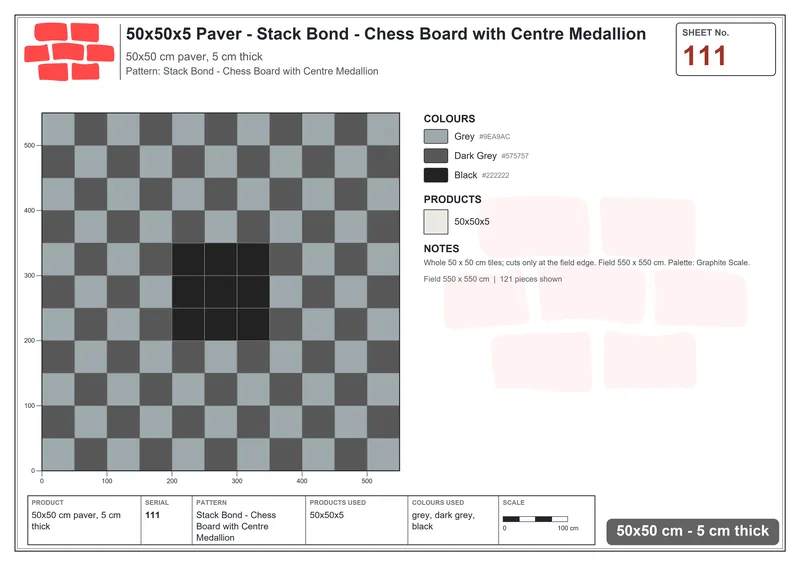 Interlock (Pasco) 50x50 cm · SQ55-111 · Stack Bond - Chess Board with Centre Medallion · Laying plan Interlock (Pasco) 50x50 cm · SQ55-111 · Stack Bond - Chess Board with Centre Medallion · Laying plan