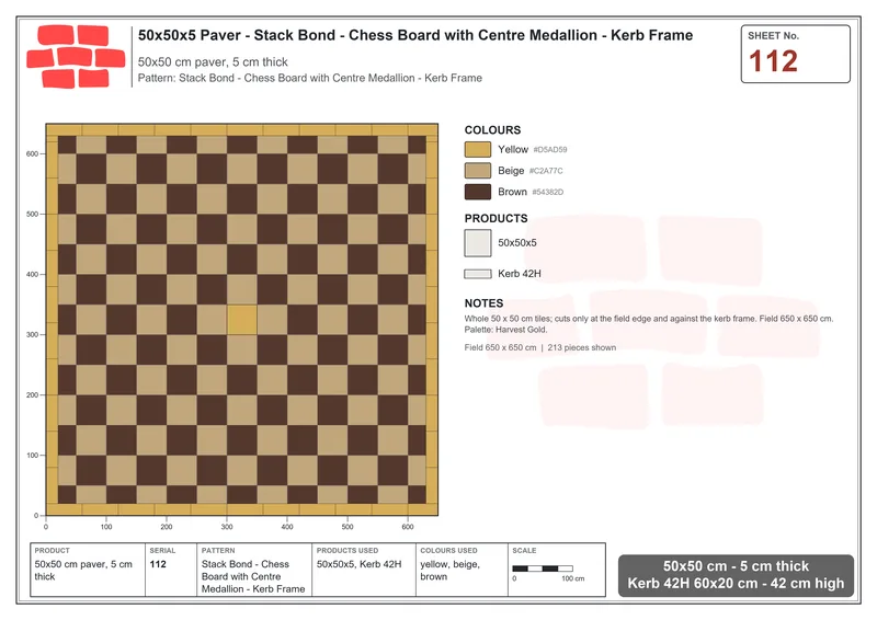 Interlock (Pasco) 50x50 cm · SQ55-112 · Stack Bond - Chess Board with Centre Medallion - Kerb Frame · Laying plan Interlock (Pasco) 50x50 cm · SQ55-112 · Stack Bond - Chess Board with Centre Medallion - Kerb Frame · Laying plan