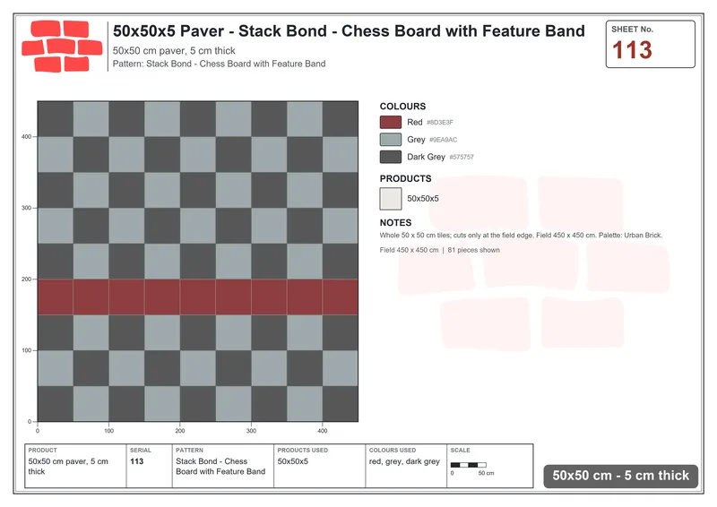 Interlock (Pasco) 50x50 cm · SQ55-113 · Stack Bond - Chess Board with Feature Band · Laying plan Interlock (Pasco) 50x50 cm · SQ55-113 · Stack Bond - Chess Board with Feature Band · Laying plan
