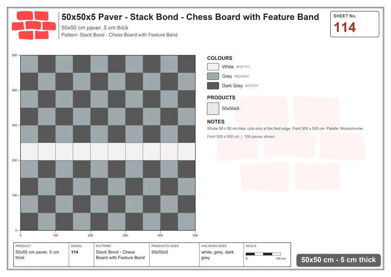 Interlock (Pasco) 50x50 cm · SQ55-114 · Stack Bond - Chess Board with Feature Band · Laying plan Interlock (Pasco) 50x50 cm · SQ55-114 · Stack Bond - Chess Board with Feature Band · Laying plan