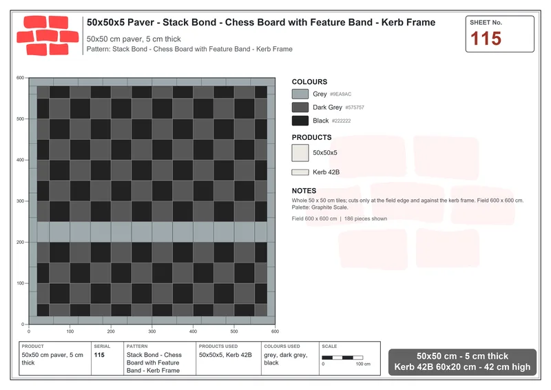 Interlock (Pasco) 50x50 cm · SQ55-115 · Stack Bond - Chess Board with Feature Band - Kerb Frame · Laying plan Interlock (Pasco) 50x50 cm · SQ55-115 · Stack Bond - Chess Board with Feature Band - Kerb Frame · Laying plan