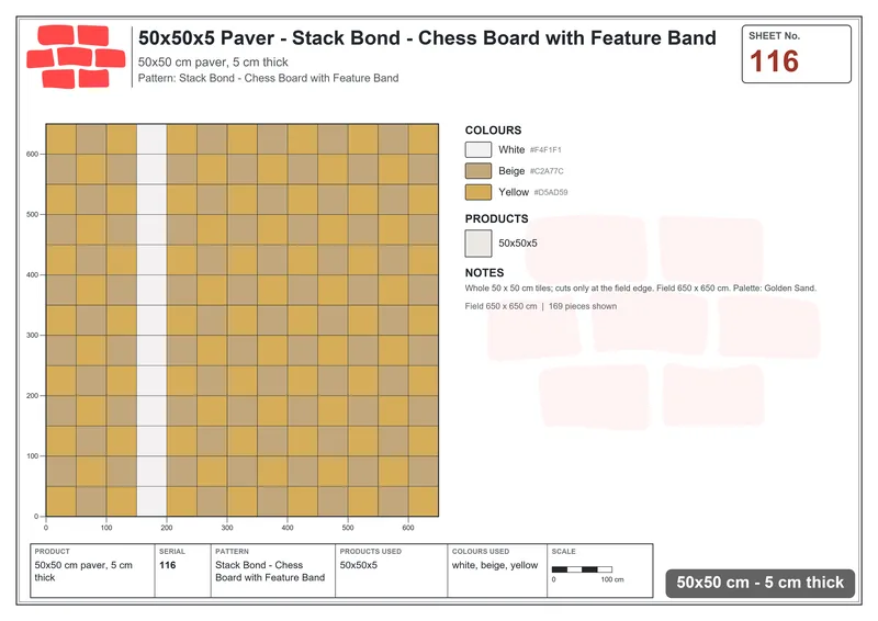 Interlock (Pasco) 50x50 cm · SQ55-116 · Stack Bond - Chess Board with Feature Band · Laying plan Interlock (Pasco) 50x50 cm · SQ55-116 · Stack Bond - Chess Board with Feature Band · Laying plan