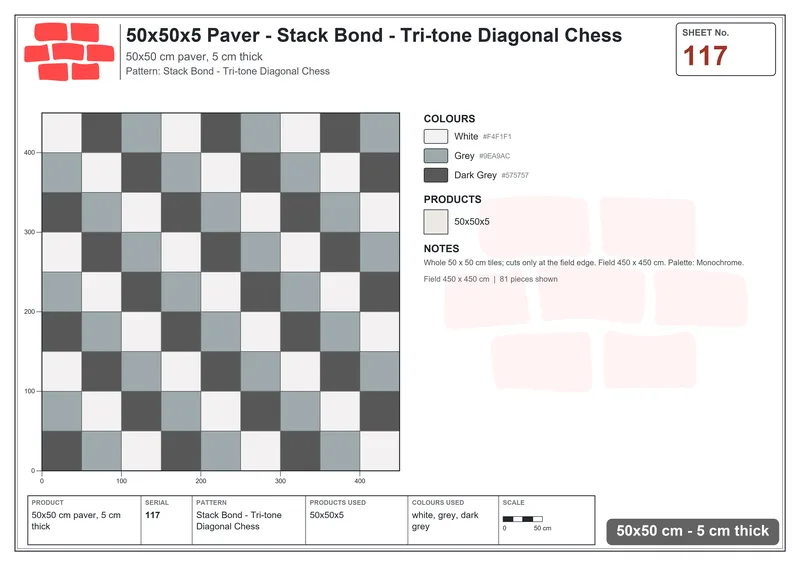 Interlock (Pasco) 50x50 cm · SQ55-117 · Stack Bond - Tri-tone Diagonal Chess · Laying plan Interlock (Pasco) 50x50 cm · SQ55-117 · Stack Bond - Tri-tone Diagonal Chess · Laying plan