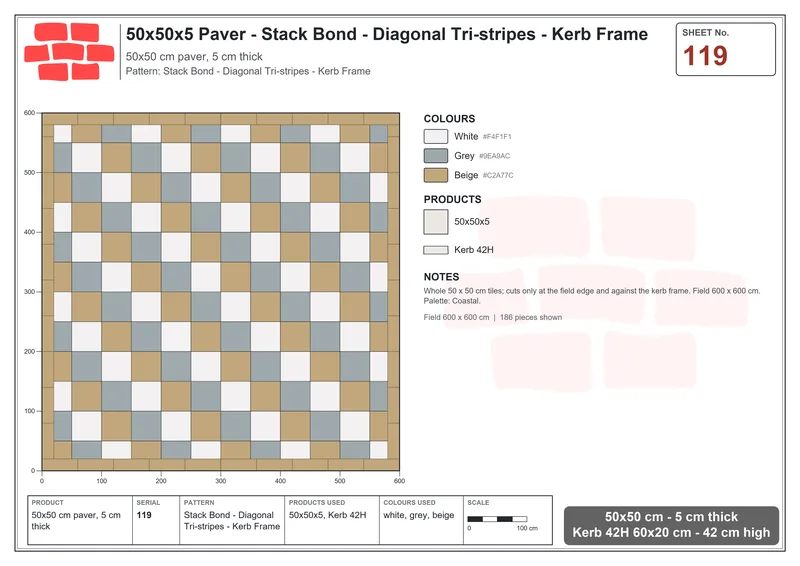 Interlock (Pasco) 50x50 cm · SQ55-119 · Stack Bond - Diagonal Tri-stripes - Kerb Frame · Laying plan Interlock (Pasco) 50x50 cm · SQ55-119 · Stack Bond - Diagonal Tri-stripes - Kerb Frame · Laying plan