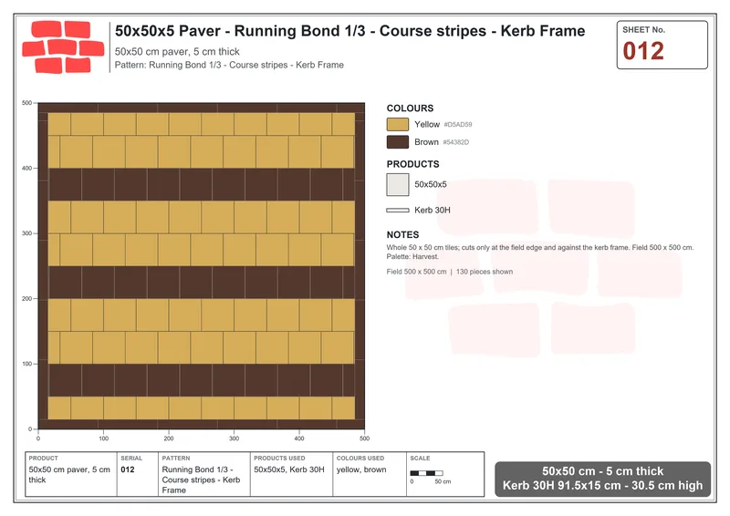 Interlock (Pasco) 50x50 cm · SQ55-12 · Running Bond 1/3 - Course stripes - Kerb Frame · Laying plan Interlock (Pasco) 50x50 cm · SQ55-12 · Running Bond 1/3 - Course stripes - Kerb Frame · Laying plan