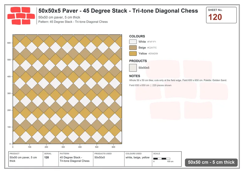 Interlock (Pasco) 50x50 cm · SQ55-120 · 45 Degree Stack - Tri-tone Diagonal Chess · Laying plan Interlock (Pasco) 50x50 cm · SQ55-120 · 45 Degree Stack - Tri-tone Diagonal Chess · Laying plan
