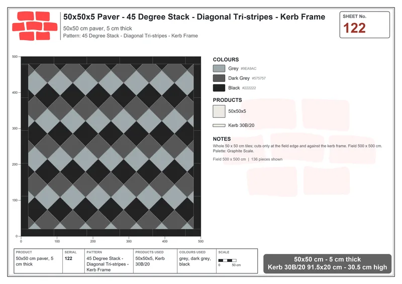 Interlock (Pasco) 50x50 cm · SQ55-122 · 45 Degree Stack - Diagonal Tri-stripes - Kerb Frame · Laying plan Interlock (Pasco) 50x50 cm · SQ55-122 · 45 Degree Stack - Diagonal Tri-stripes - Kerb Frame · Laying plan