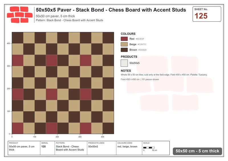 Interlock (Pasco) 50x50 cm · SQ55-125 · Stack Bond - Chess Board with Accent Studs · Laying plan Interlock (Pasco) 50x50 cm · SQ55-125 · Stack Bond - Chess Board with Accent Studs · Laying plan