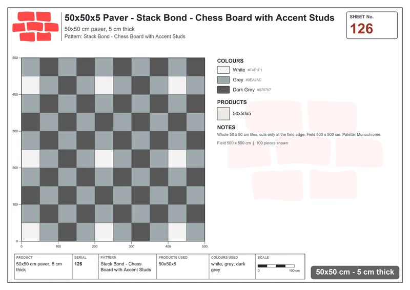 Interlock (Pasco) 50x50 cm · SQ55-126 · Stack Bond - Chess Board with Accent Studs · Laying plan Interlock (Pasco) 50x50 cm · SQ55-126 · Stack Bond - Chess Board with Accent Studs · Laying plan