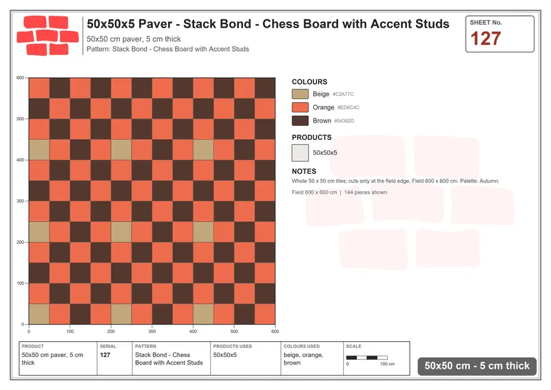 Interlock (Pasco) 50x50 cm · SQ55-127 · Stack Bond - Chess Board with Accent Studs · Laying plan Interlock (Pasco) 50x50 cm · SQ55-127 · Stack Bond - Chess Board with Accent Studs · Laying plan