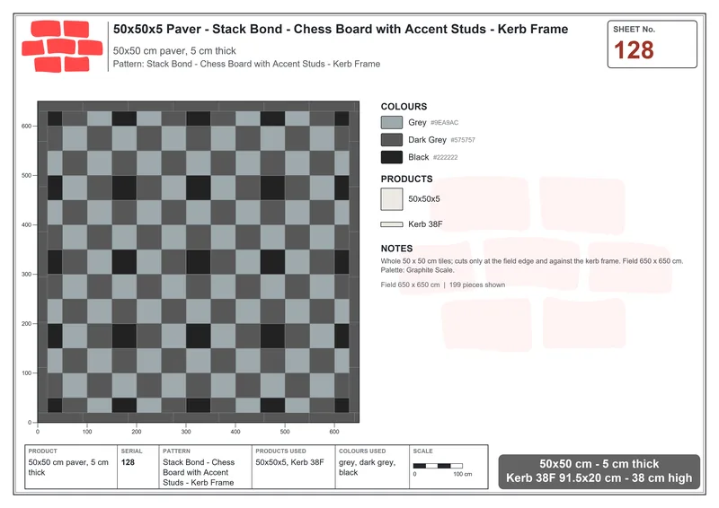 Interlock (Pasco) 50x50 cm · SQ55-128 · Stack Bond - Chess Board with Accent Studs - Kerb Frame · Laying plan Interlock (Pasco) 50x50 cm · SQ55-128 · Stack Bond - Chess Board with Accent Studs - Kerb Frame · Laying plan