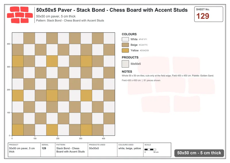 Interlock (Pasco) 50x50 cm · SQ55-129 · Stack Bond - Chess Board with Accent Studs · Laying plan Interlock (Pasco) 50x50 cm · SQ55-129 · Stack Bond - Chess Board with Accent Studs · Laying plan