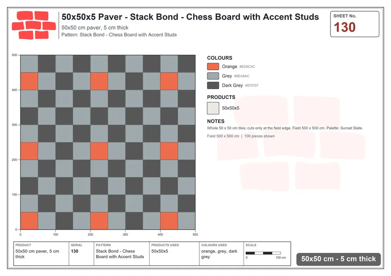 Interlock (Pasco) 50x50 cm · SQ55-130 · Stack Bond - Chess Board with Accent Studs · Laying plan Interlock (Pasco) 50x50 cm · SQ55-130 · Stack Bond - Chess Board with Accent Studs · Laying plan