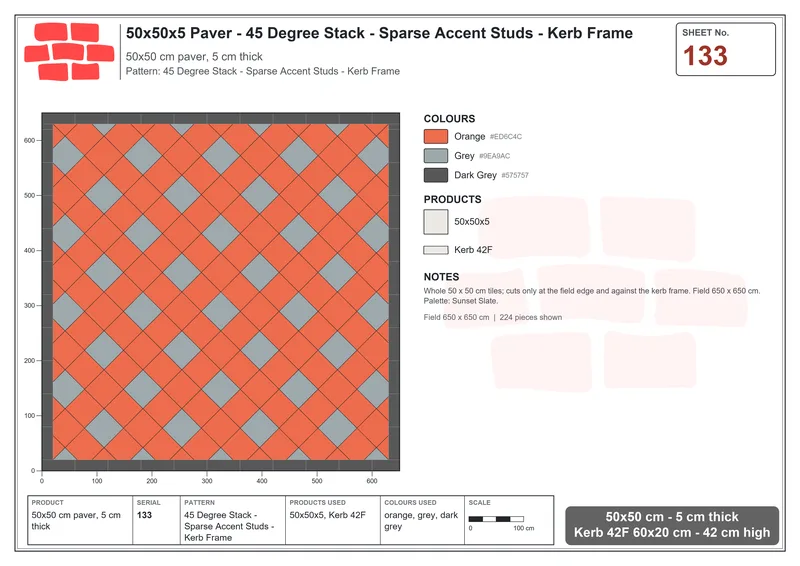 Interlock (Pasco) 50x50 cm · SQ55-133 · 45 Degree Stack - Sparse Accent Studs - Kerb Frame · Laying plan Interlock (Pasco) 50x50 cm · SQ55-133 · 45 Degree Stack - Sparse Accent Studs - Kerb Frame · Laying plan