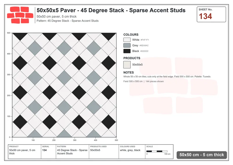 Interlock (Pasco) 50x50 cm · SQ55-134 · 45 Degree Stack - Sparse Accent Studs · Laying plan Interlock (Pasco) 50x50 cm · SQ55-134 · 45 Degree Stack - Sparse Accent Studs · Laying plan