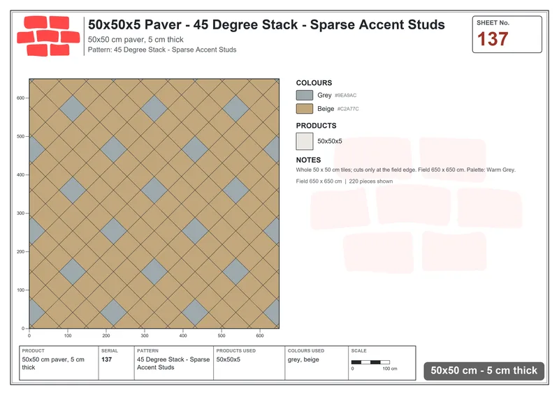 Interlock (Pasco) 50x50 cm · SQ55-137 · 45 Degree Stack - Sparse Accent Studs · Laying plan Interlock (Pasco) 50x50 cm · SQ55-137 · 45 Degree Stack - Sparse Accent Studs · Laying plan
