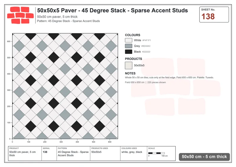 Interlock (Pasco) 50x50 cm · SQ55-138 · 45 Degree Stack - Sparse Accent Studs · Laying plan Interlock (Pasco) 50x50 cm · SQ55-138 · 45 Degree Stack - Sparse Accent Studs · Laying plan
