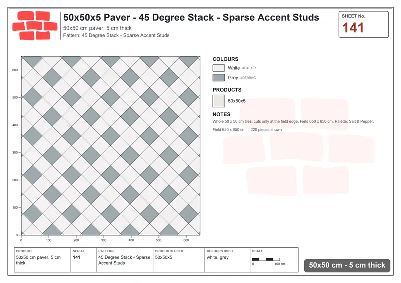 Interlock (Pasco) 50x50 cm · SQ55-141 · 45 Degree Stack - Sparse Accent Studs · Laying plan Interlock (Pasco) 50x50 cm · SQ55-141 · 45 Degree Stack - Sparse Accent Studs · Laying plan