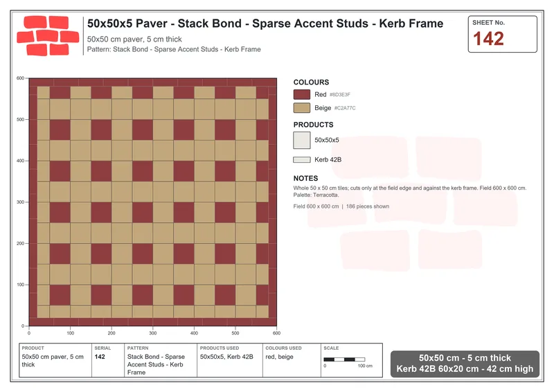 Interlock (Pasco) 50x50 cm · SQ55-142 · Stack Bond - Sparse Accent Studs - Kerb Frame · Laying plan Interlock (Pasco) 50x50 cm · SQ55-142 · Stack Bond - Sparse Accent Studs - Kerb Frame · Laying plan